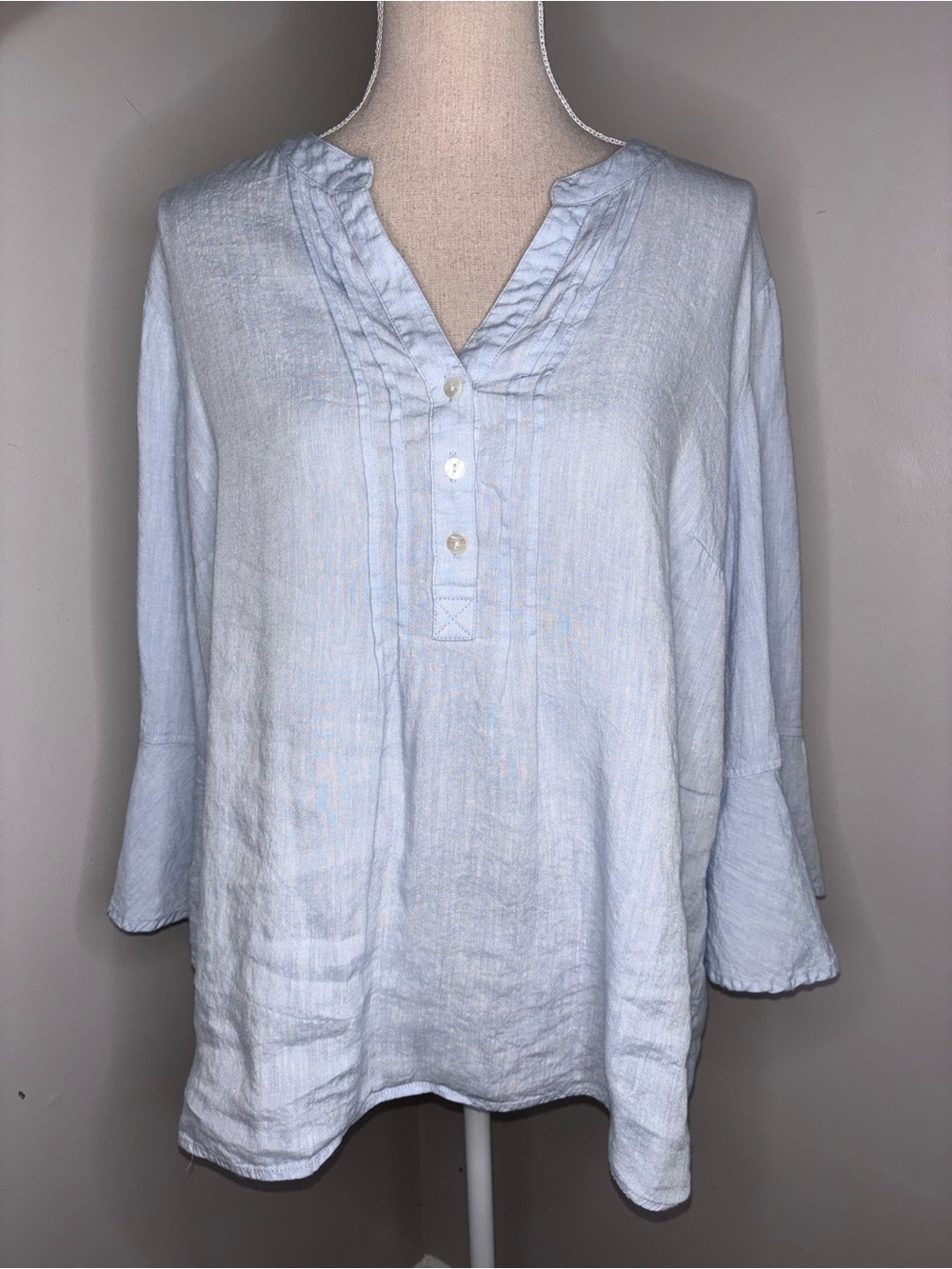 Soft Surroundings light blue linen blend 3/4 bell sleeve tunic top shirt size XL
